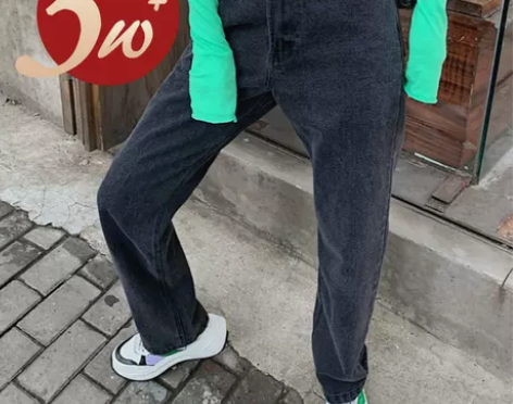 黑灰色牛仔裤！韩国高腰黑色垂感牛仔阔腿裤女...