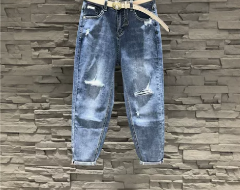 欧货哈伦牛仔裤女2022春夏新款破洞百搭高...