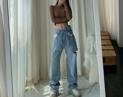 DQSTORE破洞泫雅牛仔裤女高腰休闲显瘦...