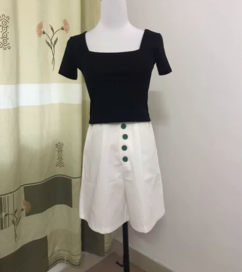 单排扣阔腿短裤女夏季新款松紧腰宽松显瘦百搭...