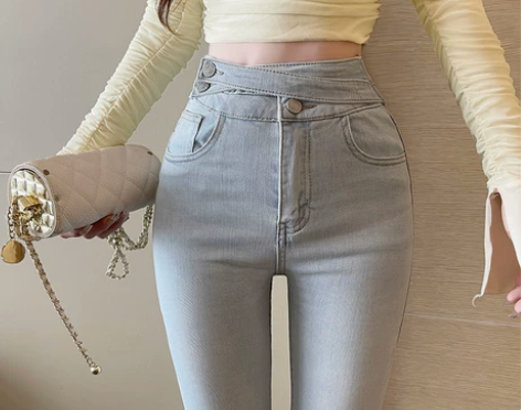 牛仔铅笔裤 铅笔高腰裤女紧身浅色弹力加绒牛...