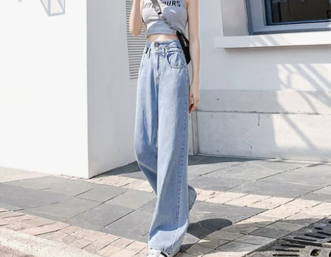 高腰阔腿牛仔裤女浅色春夏季2022年新款宽...