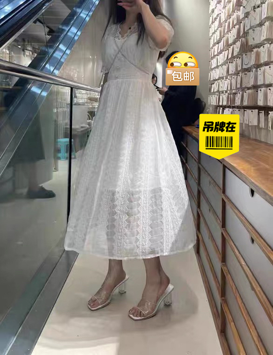 coco家 白色蕾丝连衣裙夏季薄款温柔风泡...
