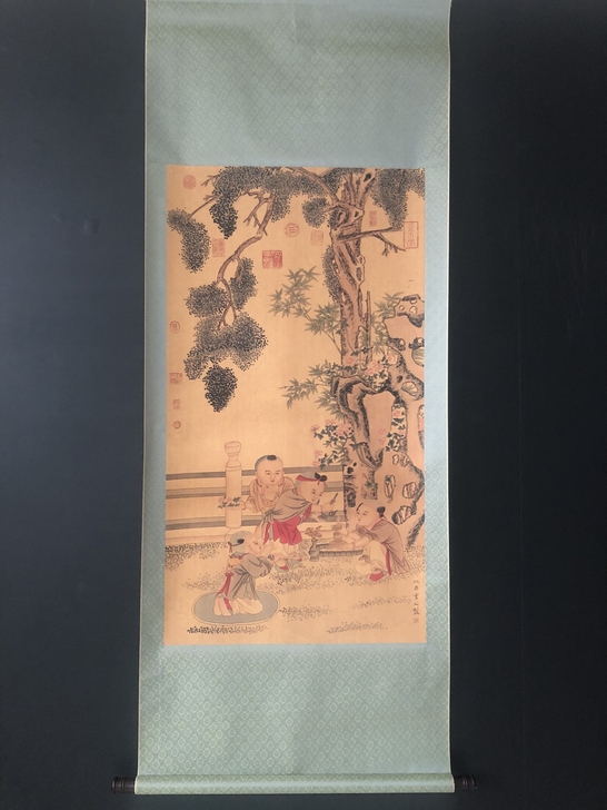 古玩字画【仇英】玩婴图，明代，三尺中堂作品