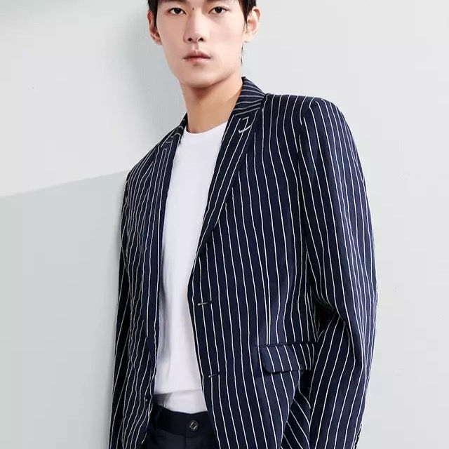 海家去标竖条纹时尚休闲西服西装外套修身春秋...