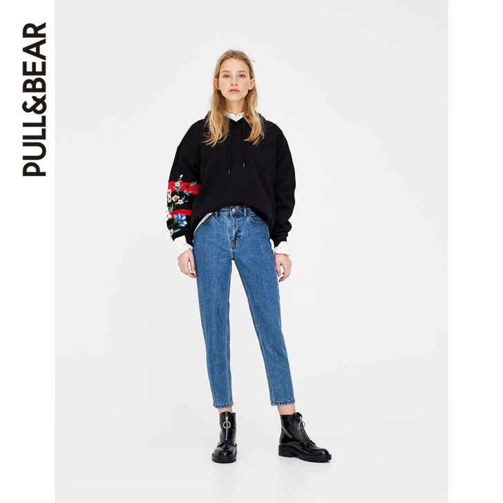 PullAndBear 复古蓝老爹牛仔裤,...