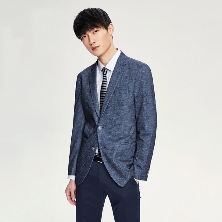 海家去标时尚平驳领休闲西服单排扣西服男蓝灰...