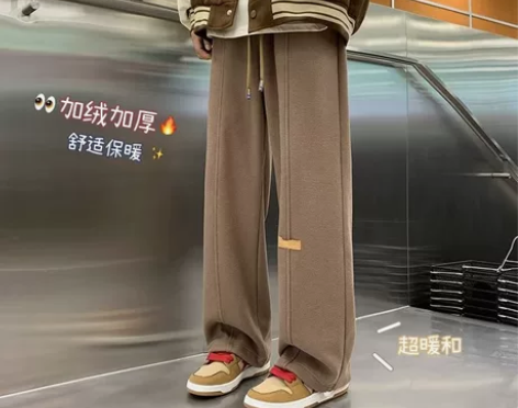加绒加厚裤子男款秋冬季阔腿直筒裤宽松运动卫...
