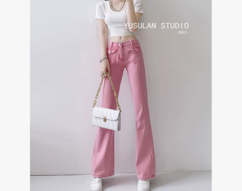 美式复古粉色微喇叭牛仔裤女2022夏装新款...