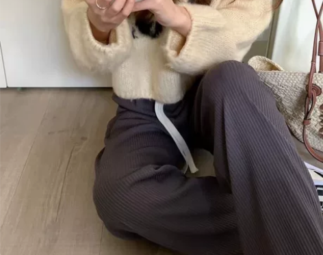 棕咖色灯芯绒裤女春秋冬季直筒雪尼尔高腰垂感...