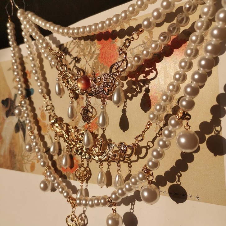 汉服配饰仿珍珠流苏软璎珞项链古风项圈明宋唐...