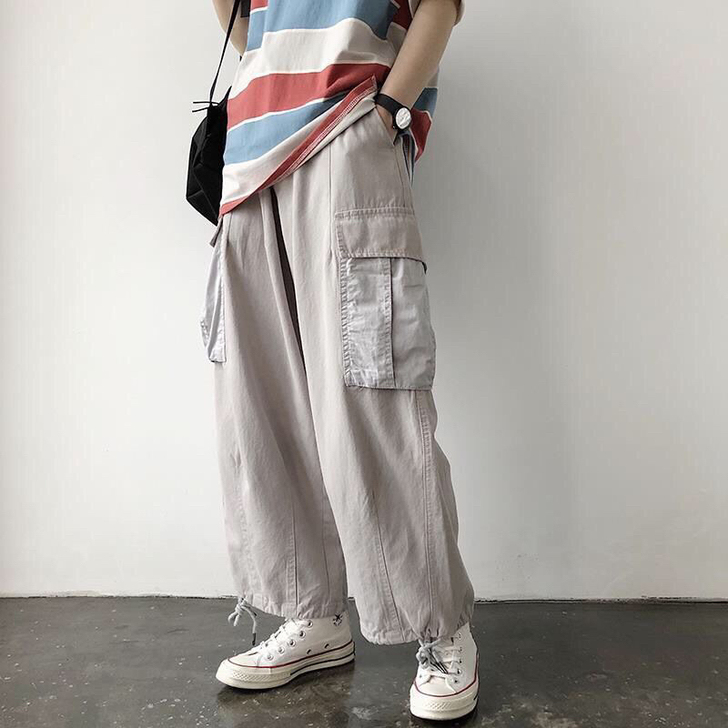 日系灰色工装裤女秋季抽绳松紧腰休闲直筒阔腿...