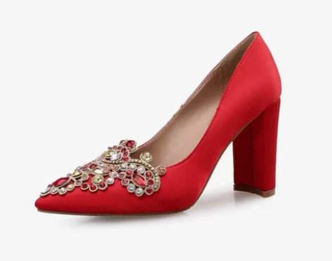 红色高跟鞋尖头单鞋孕妇女秀禾鞋中式新娘鞋水...