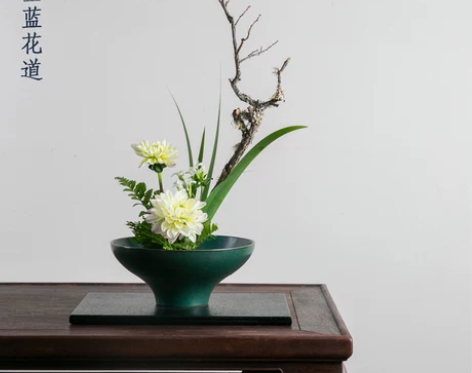 孔雀绿高足盘插花花器器皿日式中式剑山插花禅...