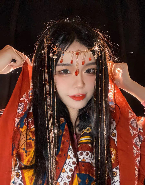 全新包邮白菜价汉服超仙长流苏额饰面帘古风装...
