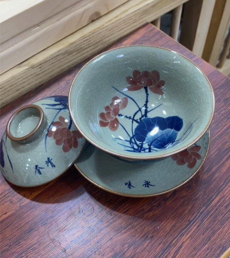 景德镇手工手绘釉下青花荷花荷塘清趣老陶泥柴...