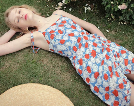 夏 法式复古少女 吊带郁金香印花连衣裙 全...