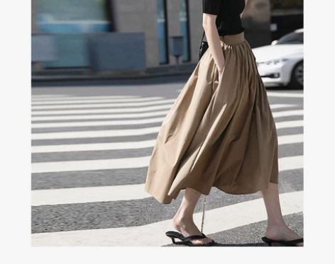 ?新款半身裙女文艺复古飘逸高腰伞裙日单卡其...