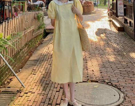 日系复古初恋裙温柔风黄色茶歇法式长裙女夏娃...
