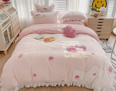 公主风全棉水洗棉四件套，纯棉荷叶边刺绣工艺...