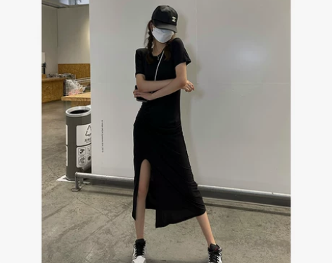 欧美风夏季新品女装超加长极地黑色棉T恤连衣...