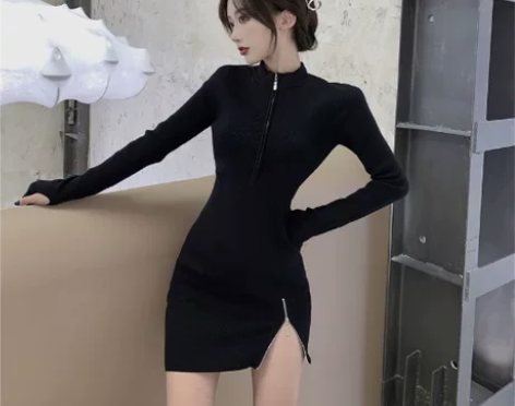 长袖针织连衣裙女秋冬2 新款性感拉链开叉裙...