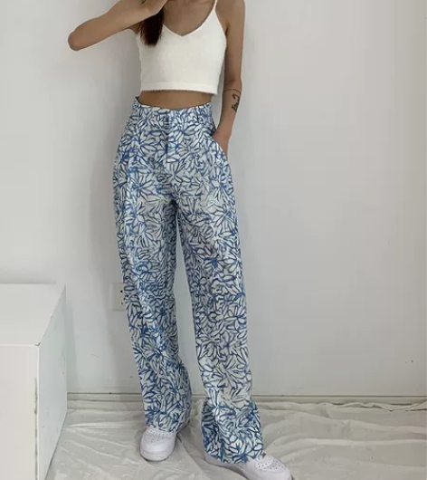 蓝色花卉印花棉麻阔腿裤休闲裤长裤女 s码 ...