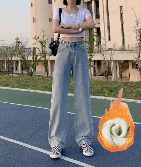 加绒高腰直筒牛仔裤女宽松2022秋冬季新款...