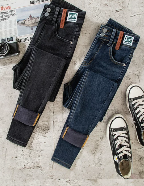 加绒牛仔裤女冬季2022新款加厚双扣保暖