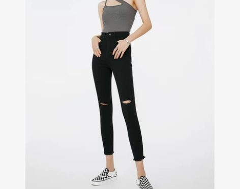 破洞高腰牛仔裤女2022年春秋黑色修身显瘦...