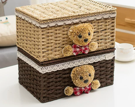 奇鲁草编收纳筐藤编布艺带盖收纳盒整理箱化妆...