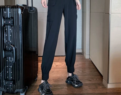 网红港风复古休闲九分束脚工装裤子女显瘦高腰...