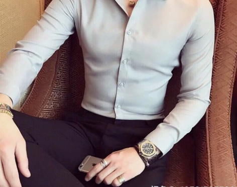 春季男士长袖衬衫白衬衣韩版修身七分袖时尚衬...