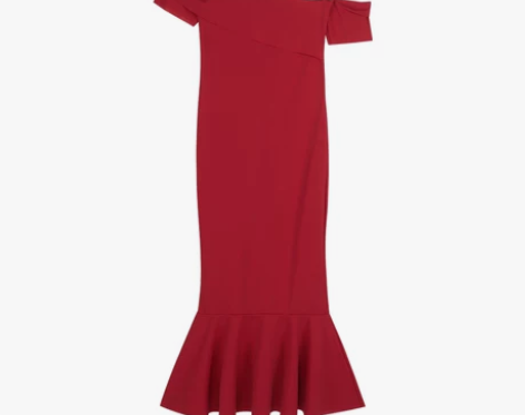 红色露肩短袖连衣裙女装夏季法式锁骨气质性感...