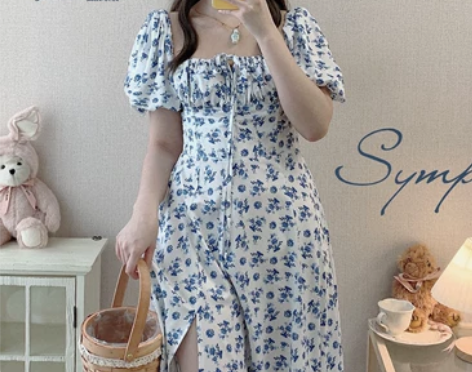 外单 系带泡泡袖优雅高开叉方领法式碎花连衣...