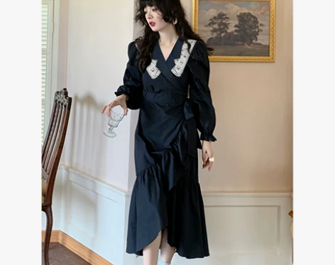 乌龙羊/法式黑色长袖连衣裙女春季荷叶边蕾丝...