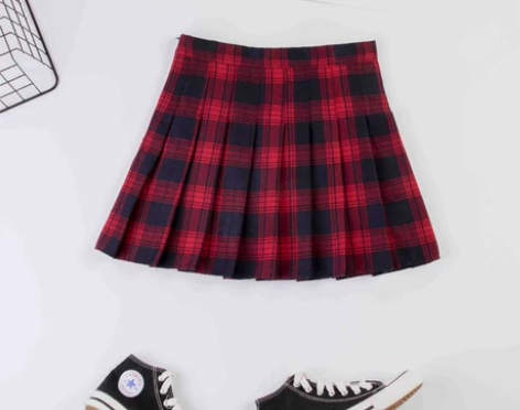 红色格子百褶裙女秋冬a字裙大码高腰绿色短裙...