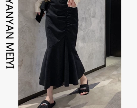 灯芯绒鱼尾裙半身裙女秋冬2021设计感高腰...