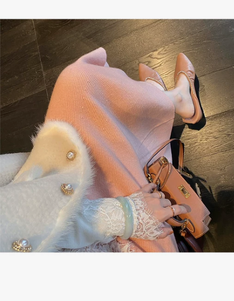 粉色小个子冬季高腰包臀针织鱼尾半身裙女秋冬...