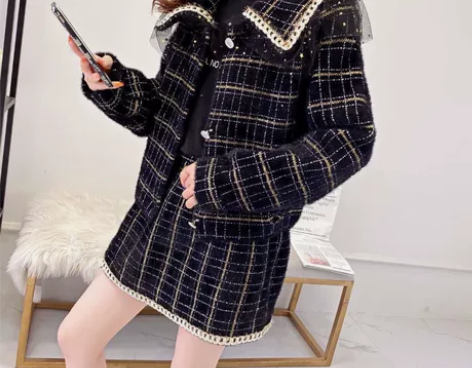 仿水貂绒毛呢两件套气质学院风名媛小香风套装...