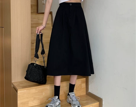 高腰a字半身裙复古日系工装风卡其色裙子女中...