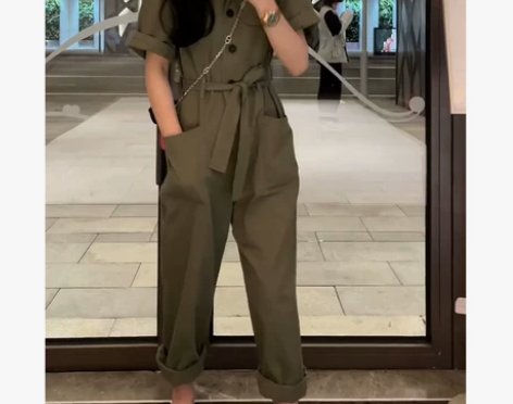 连体裤女高级感夏连身裤显瘦高腰梓军绿色工装...
