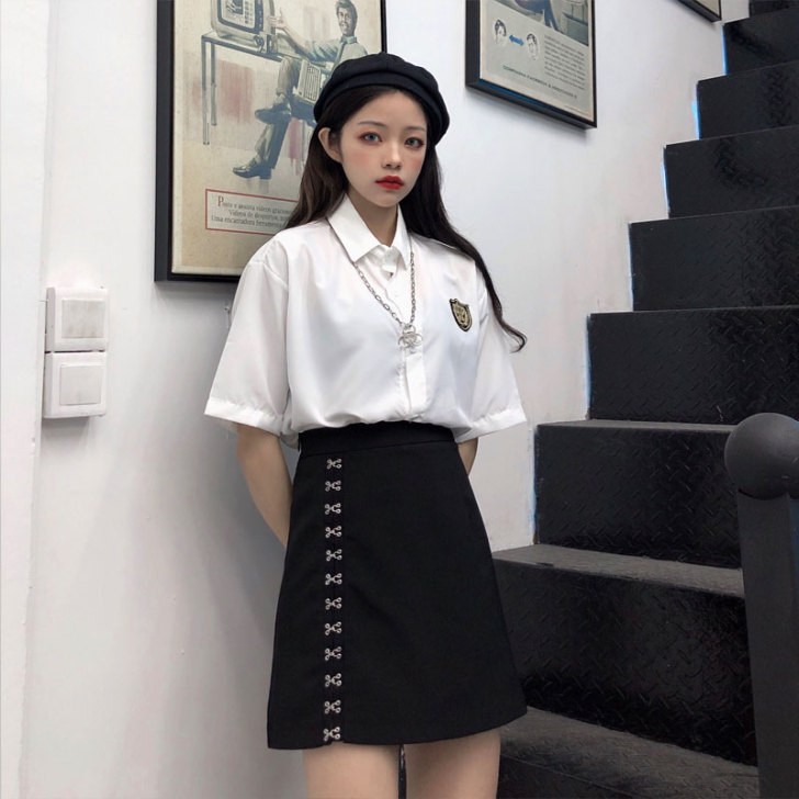 黑暗系原宿风半身裙女夏大码高腰显瘦不规则排...