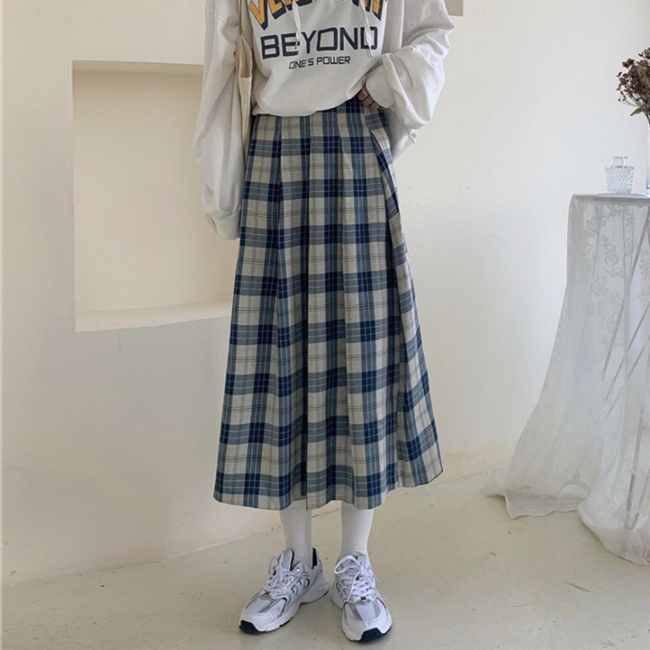 复古风高腰格子中长款A字裙百褶半身裙女春装...