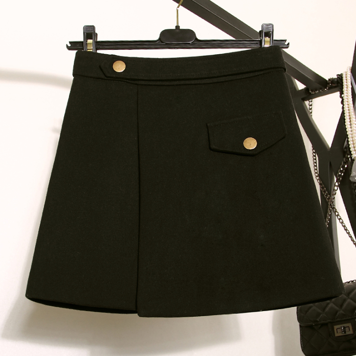 毛呢半身裙秋冬季2019新款不对称假口袋A...