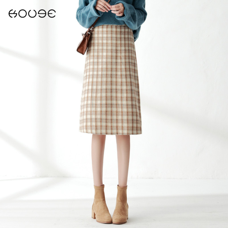 格子毛呢半身裙秋冬女方格裙子高腰a字裙包臀...
