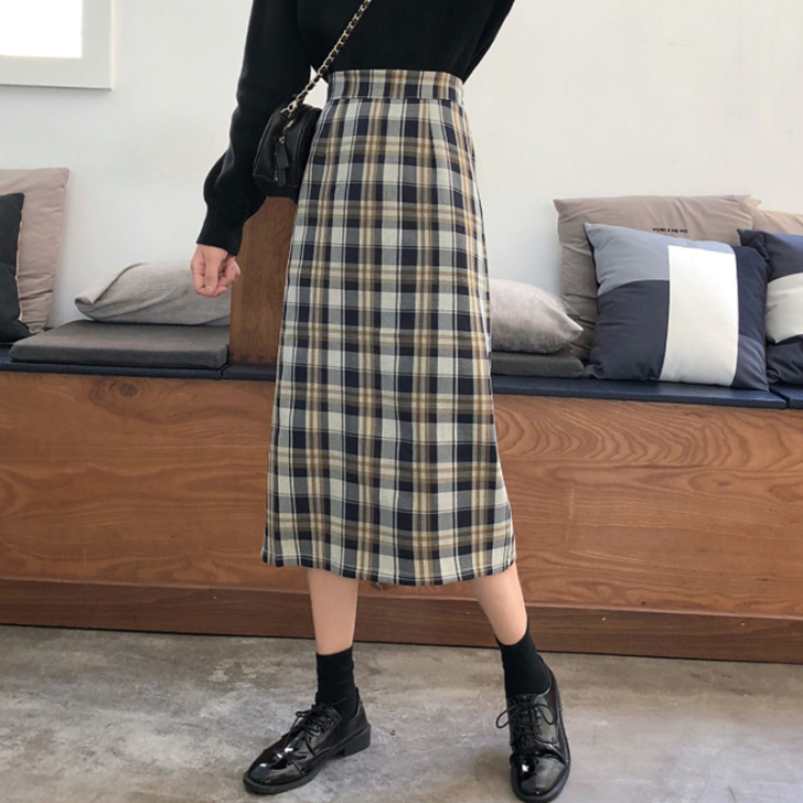 半身裙女士裙子绿色格子中长款a字裙秋冬季包...