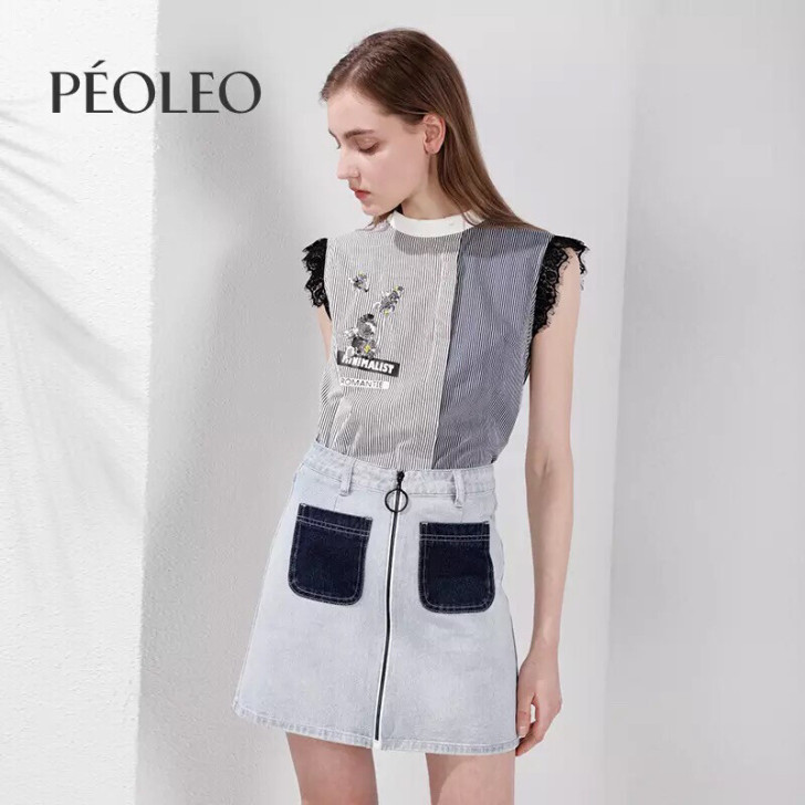 peoleo飘蕾夏浅色拼接口袋牛仔短裙女高...