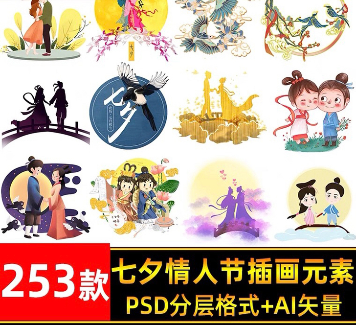 手绘国潮风喜鹊中国风七夕情人节牛郎织女PS...
