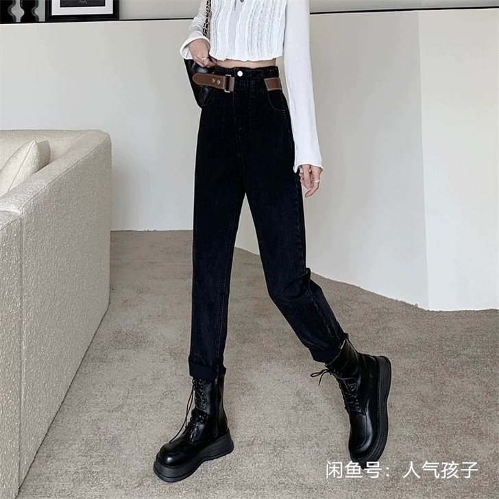 老爹牛仔裤女高腰显瘦直筒宽松萝卜裤   只...